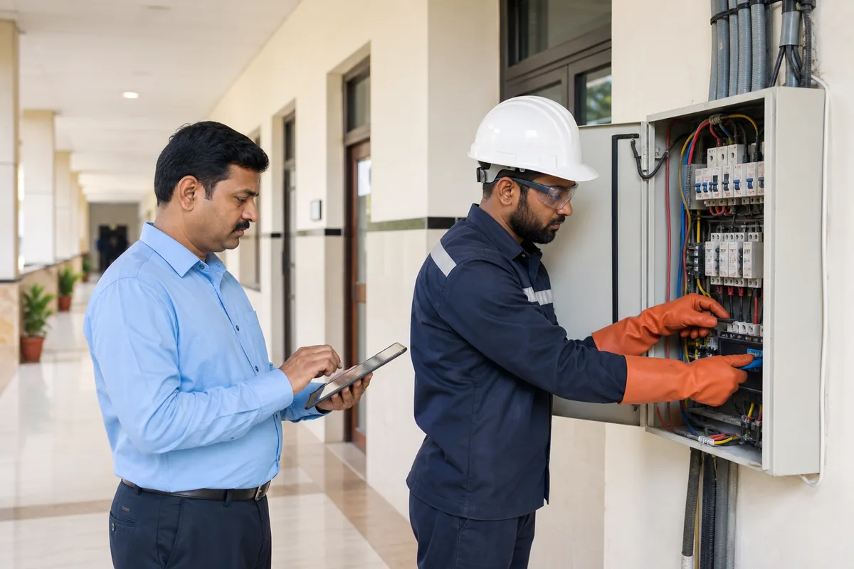 Technicians assessing an institutional electrical installation in India