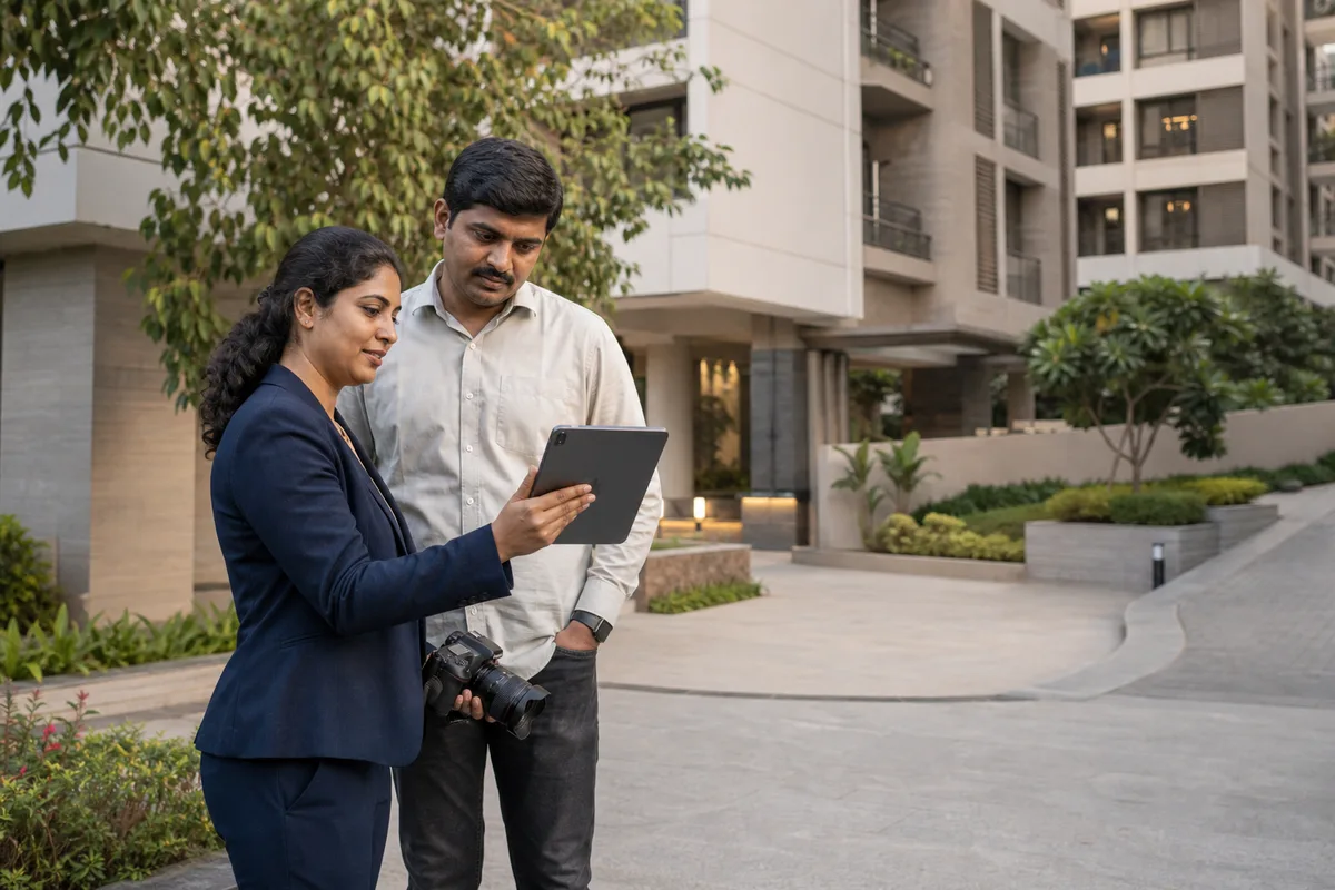 Indian property marketing consultant presenting a residential development